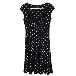 Lauren Ralph Lauren Dress Size 4 Cap Sleeve‎ V-Neck Polka Dot Black White